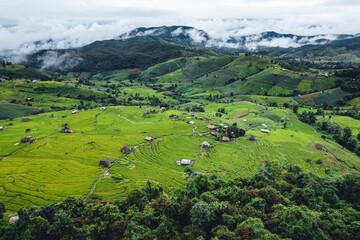 Fototapeta na wymiar High angle view Green Rice field on terraced in Chiangmai