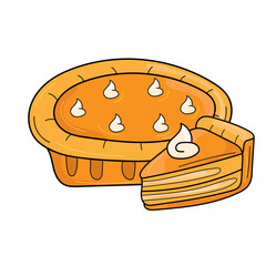 Traditional american homemade pumpkin pie and whipped cream, vector illustration isolated on white background. Cartoon image