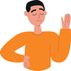 Skeptical person refusing with hand, palm gesture, saying no, stopping. Rejection and refusal, mute sign, dissatisfaction, denial man. Negative emotion, body language, nonverbal communication. Vector