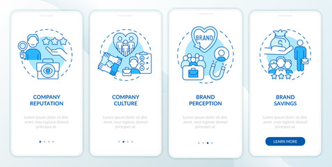 Fototapeta na wymiar Employer brand benefits blue onboarding mobile app screen. HR system walkthrough 4 steps editable graphic instructions with linear concepts. UI, UX, GUI template. Myriad Pro-Bold, Regular fonts used
