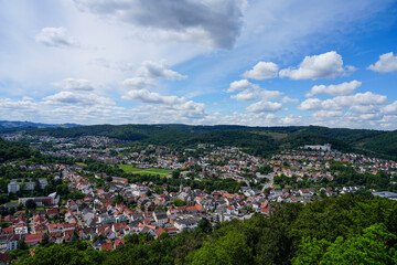Fototapeta na wymiar View of Marsberg and the surrounding countryside. Aerial view. View from the Bilstein Tower.