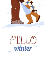 Winter illustration with romantic love couple. Male and female legs during a date. Vector flat design for card, poster, flyer, holiday postcard, web banner
