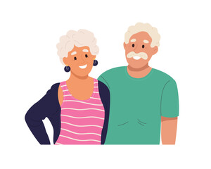 Happy elderly couple standing together. Smiling aged man and woman in love. Cute senior people in romantic relationship. Stylish mature family portrait. Flat graphic vector illustration