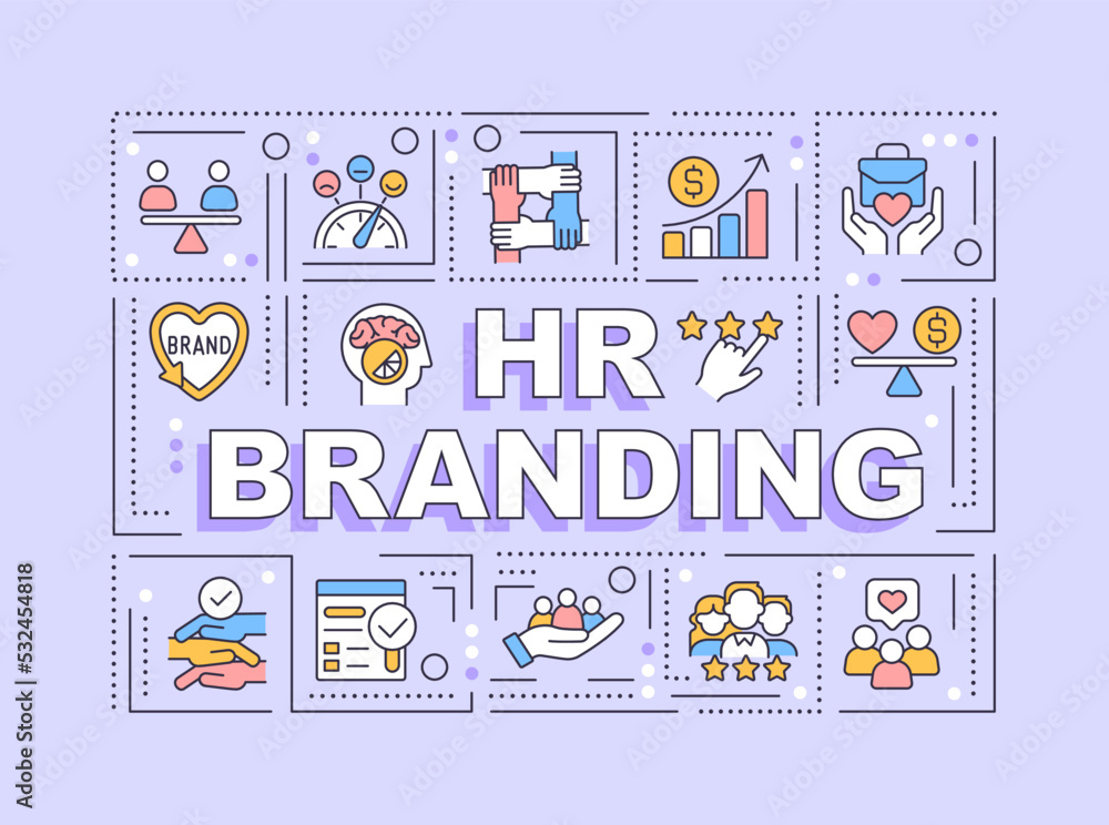 Poster hr branding word concepts violet banner. employee recruitment. infographics with editable icons on c