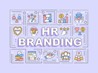 HR branding word concepts violet banner. Employee recruitment. Infographics with editable icons on color background. Isolated typography. Vector illustration with text. Arial-Black font used