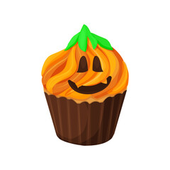 Cupcake Halloween with pumpkin on orange cream and green leaves, funny face dessert in cartoon style isolated on white background.