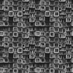 Dark and moody, dystopian, seamless soviet style concrete block houses. Black and white. Repeated, mosaic background tile. 3D illustration - 532455009