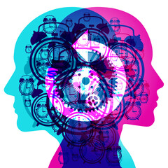 2 people&rsquo;s side silhouettes overlaid with various sized semi-transparent classic clock graphics. Centre positioned is a transparent geared rewind graphic.