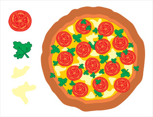 Round large vegetable vegetarian pizza with
cheese, ripe tomatoes, mayonnaise and parsley. 
Pizza elements. Vector illustration.