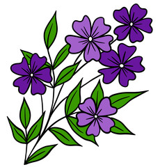 Hand drawn illustration of purple flowers leaves branch in black line outline. Minimalist floral garden design, bloom for cards invitations, elehant foliage plant nature concept.