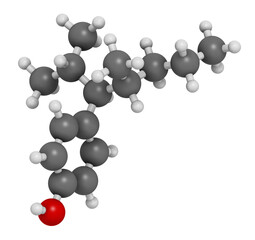 Nonylphenol endocrine disruptor molecule (one isomer shown), 3D rendering.