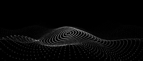 Futuristic wave. Vector dark cyberspace. Abstract music sound wave with dots. White moving particles on a black background.