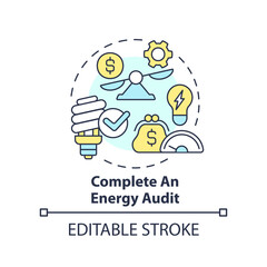 Complete energy audit concept icon. Reduce electricity usage. Budgeting for inflation abstract idea thin line illustration. Isolated outline drawing. Editable stroke. Arial, Myriad Pro-Bold fonts used