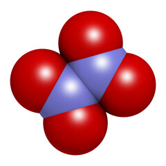 Nitrogen tetroxide (dinitrogen tetroxide, N2O4) rocket propellant molecule, 3D rendering.