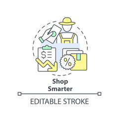 Shop smarter concept icon. Save money on purchasing. Budgeting for inflation abstract idea thin line illustration. Isolated outline drawing. Editable stroke. Arial, Myriad Pro-Bold fonts used