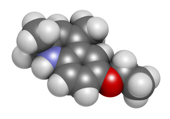 Ethoxyquin antioxidant food preservative molecule. Also used to control scald on pears, 3D rendering.