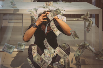asian happy business man throw money. rich male office worker success with cash rain so proud...