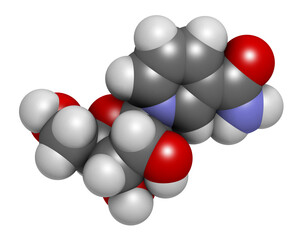 Nicotinamide riboside (NR) molecule. Precursor of nicotinamide adenine dinucleotide (NAD).  3D rendering. 