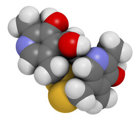 Pyritinol (pyridoxine disulfide) cognitive and learning disorder drug molecule. Also used in nootropic dietary supplements, 3D rendering.