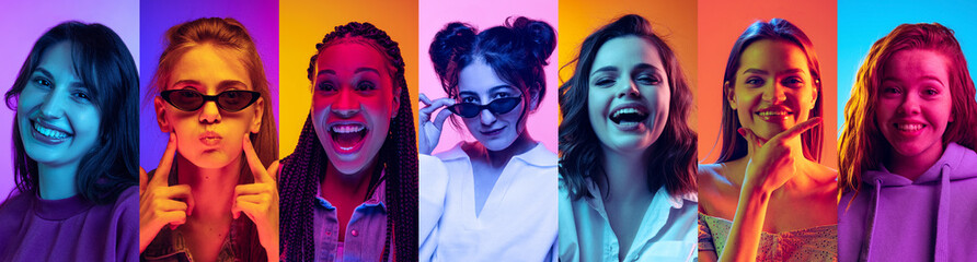 Happy smiling young girls looking at camera on multicolored background in neon. Collage made of women's portraits.