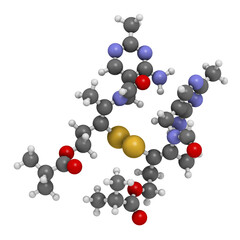 Sulbutiamine asthenia drug molecule. Also used in nutritional supplements, 3D rendering.
