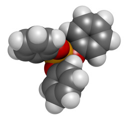Triphenyl phosphate molecule. Used as flame retardant and plasticizer, 3D rendering. - obrazy, fototapety, plakaty
