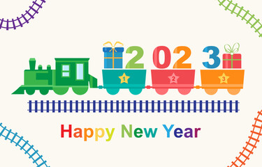 Happy New Year 2023 train with gifts vector - 532457052