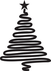 Vector monochrome drawn Christmas tree. New Year's line drawing. Black drawing of a plant with a star on top..