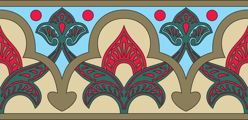 Vector colored seamless oriental national ornament. Endless ethnic floral border, arab peoples frame. Persian painting