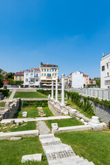 Plovdiv city center view in Bulgaria. Ruins of ancient Philippopolis at the central square of downtown Plovdiv, Bulgaria