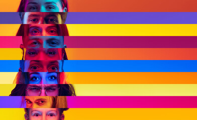 Composite image of close-up male and female eyes isolated on colored neon striped backgorund....