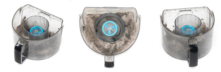 Сollage container vacuum cleaner  with garbage isolated on a white background.  Set contener dust...
