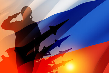 Silhouette of russian soldier and missiles in uniforms on background of the Russian flag. Military...