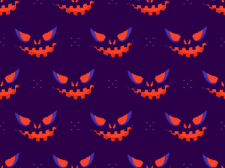 Halloween scary face with glowing eyes in pixel style. Seamless pattern with scary faces carved on a pumpkin in 8-bit 80-90s video game style. Design for applications and banners. Vector illustration