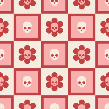 Seamless Vector Halloween Pattern. Pattern With Skull And Flower In Retro Groovy Style