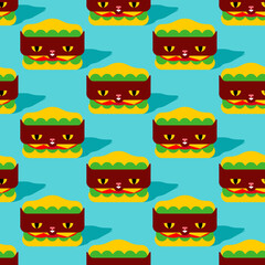 Burger cat cartoon pattern seamless. Hamburger cat background