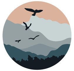 Round landscape with mountains and birds primitive