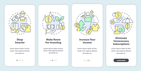 Budget planning for inflation onboarding mobile app screen. Walkthrough 4 steps editable graphic instructions with linear concepts. UI, UX, GUI template. Myriad Pro-Bold, Regular fonts used