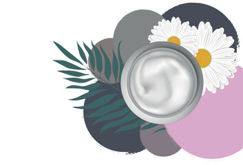 banner vector with open round jar of cream. cosmetic banner with lotion and chamomile flowers