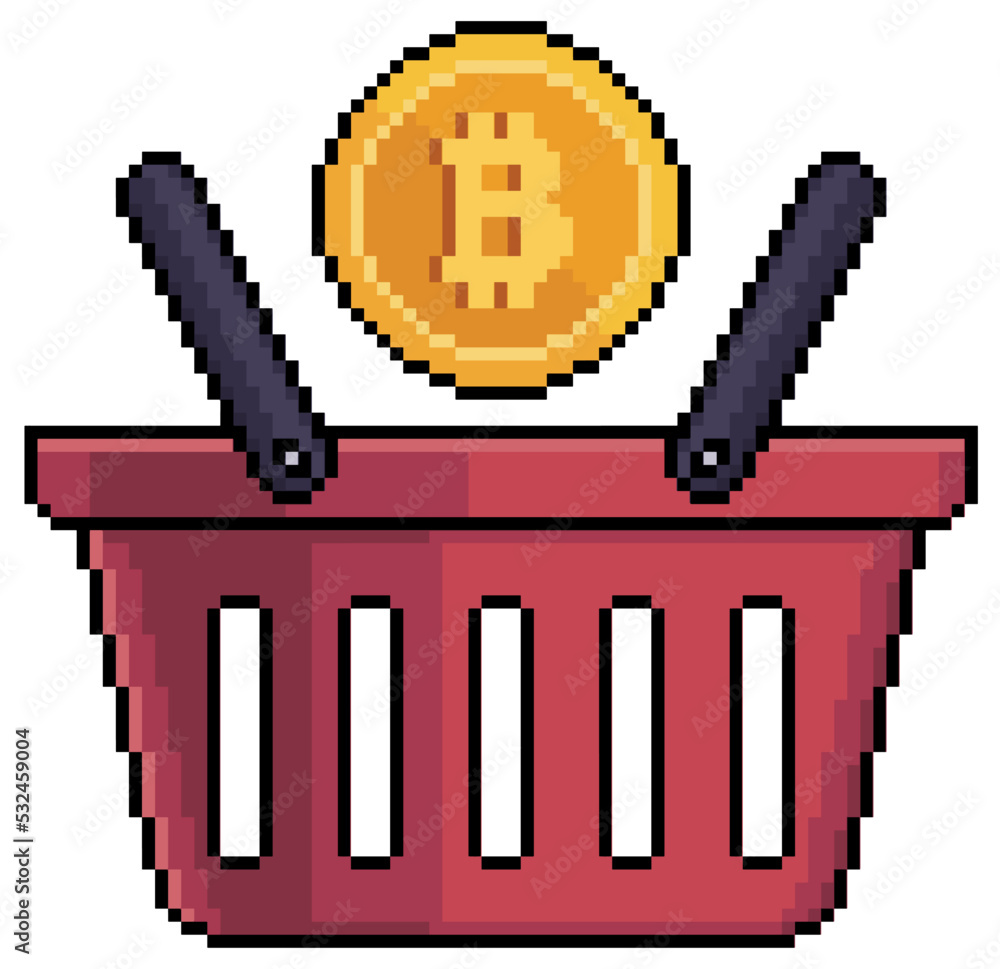 Poster pixel art shopping baskets with bitcoin vector icon for 8bit game on white background