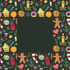 Christmas background. New year frame. Doodle christmas and new year illustration with place for text