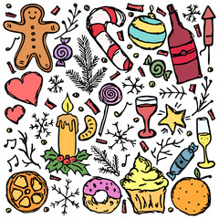 Christmas icons. New year background. Doodle illustration with christmas and new year icons