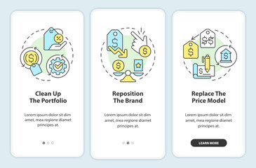 Dealing with inflation in business onboarding mobile app screen. Walkthrough 3 steps editable graphic instructions with linear concepts. UI, UX, GUI template. Myriad Pro-Bold, Regular fonts used