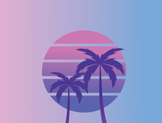 Fototapeta na wymiar Two palm trees on a sunset 80s retro sci-fi style. Summer time. Futuristic sun retro wave. Design for advertising brochures, banners, posters, travel agencies. Vector