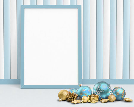 Christmas Baby Boy Blue Room With Lovely Photo Frame With Christmas Balls Ornaments In Blue And Gold