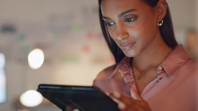 Research, tablet and corporate woman thinking with focus and concentration in office at night. Business career girl working on logistics for company with digital device and typing on screen.