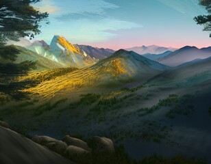 Fototapeta na wymiar mountain valley in the rays of the rising sun. illustration