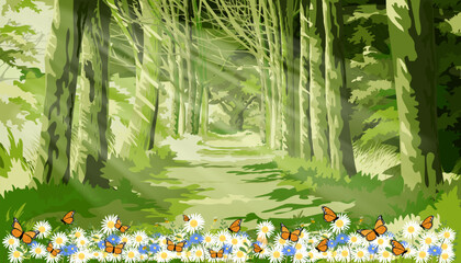 Spring forest tree with sun rays falling into a thick jungle,Vector Cartoon Misty forest landscape of nature with sun light shining in morning in green forest foliage, butterfly flying on daisy flower