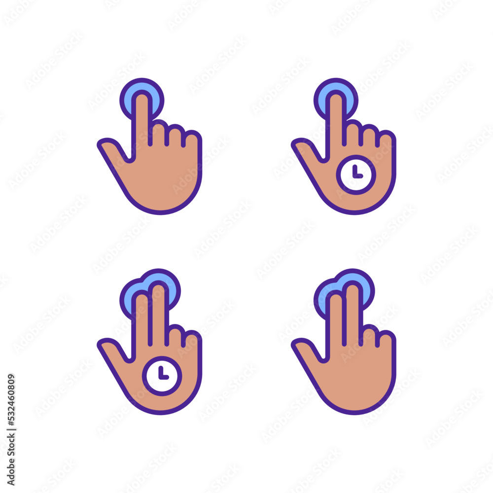 Poster long press pixel perfect rgb color icons set. double finger touch. multi touch. touchscreen control 