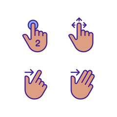 Obraz premium Draw and swipe gestures pixel perfect RGB color icons set. Smartphone. Touchscreen interaction. Digital device. Isolated vector illustrations. Simple filled line drawings collection. Editable stroke